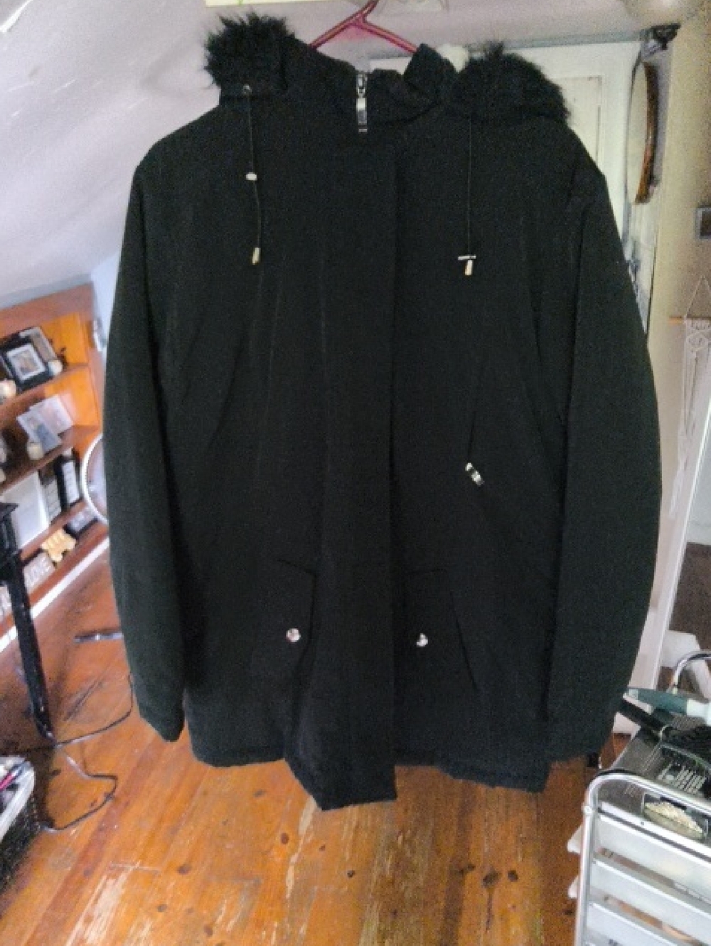 Amazon Essentials Black Hooded Field Coat with Faux Fur Trim